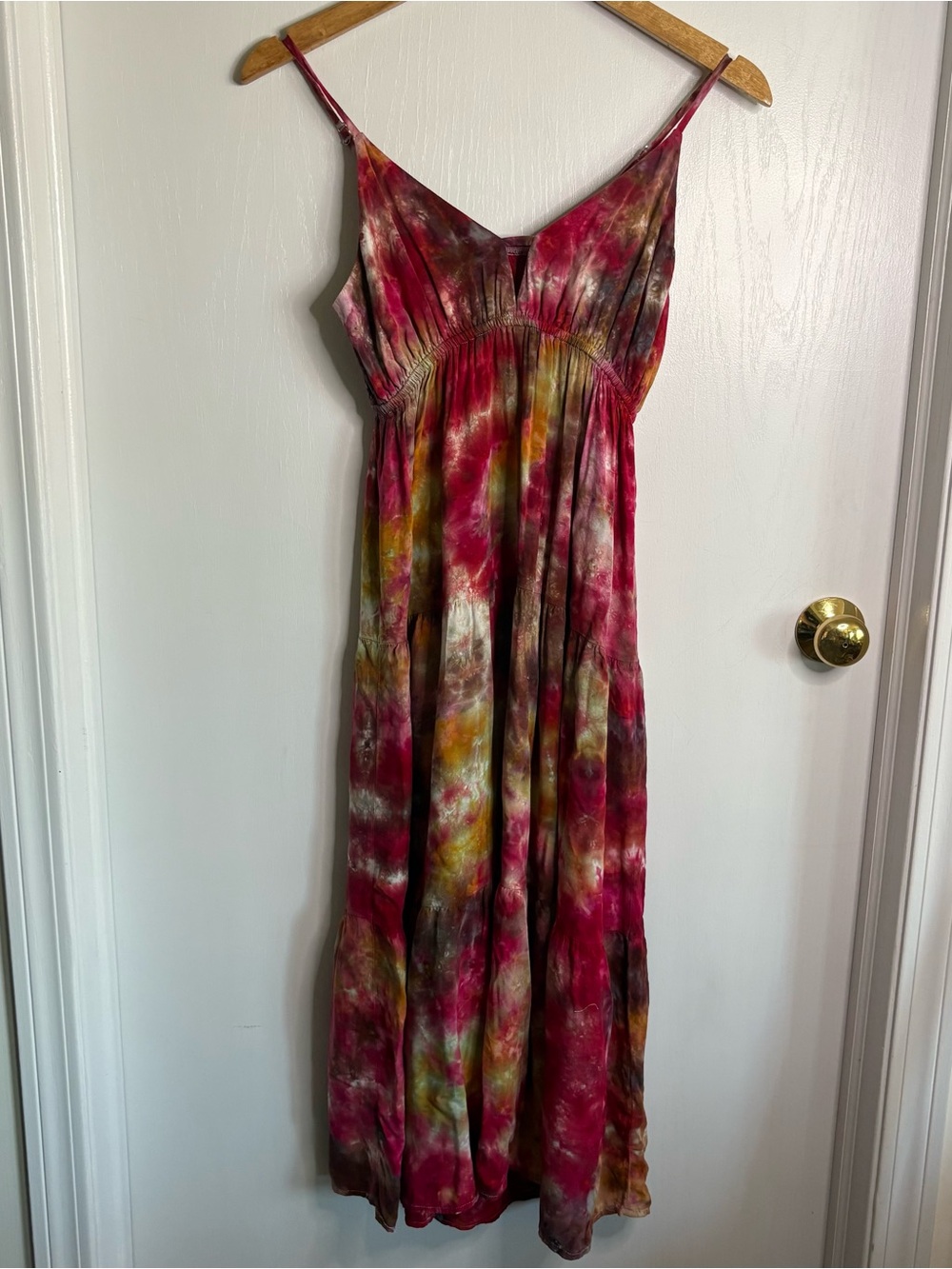 Zenana Sz M Tie Dye Midi Dress Tiered Spaghetti Adj Strap Hobo Beachy Festival